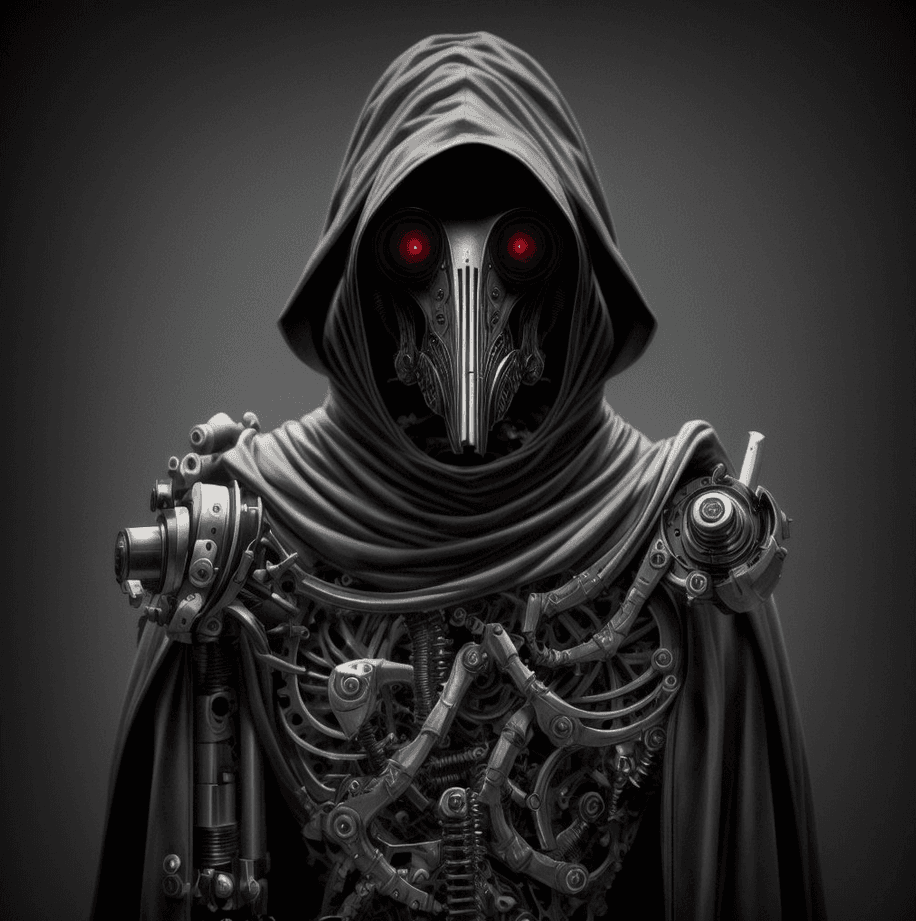 AI generated: RAW photo, biomechanical cyborg plague doctor, by Dan Hipp, (8k uhd, dslr, soft lighting, high quali...