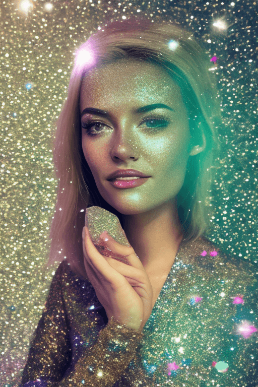 AI generated: Close-up of a person, glitter background, shiny glitter hair, professional profile photo, shiny glit...