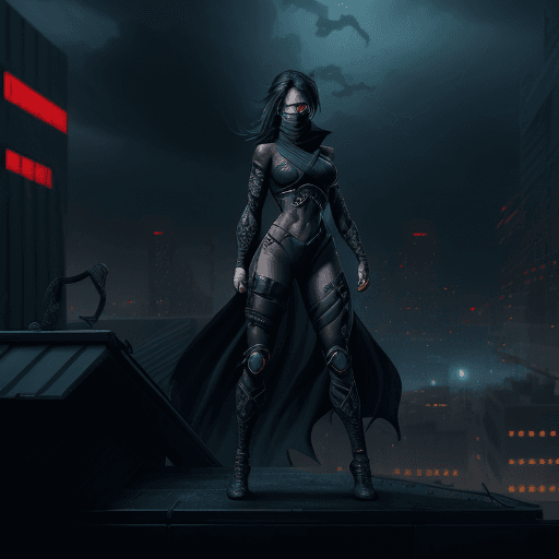 AI generated: Digital artwork, concept art, a female ninja with MEHDI Hero logo on her chest, standing on rooftop ...