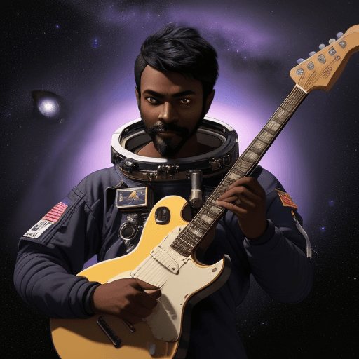 AI generated: Create a unique avatar astronaut playing guitar amidst the backdrop of a black hole in space, that a...