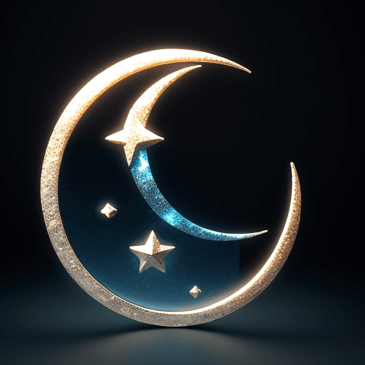 AI generated: 3d icon, moon in the shape of a month and a star, metal texture, glassmorphism effect