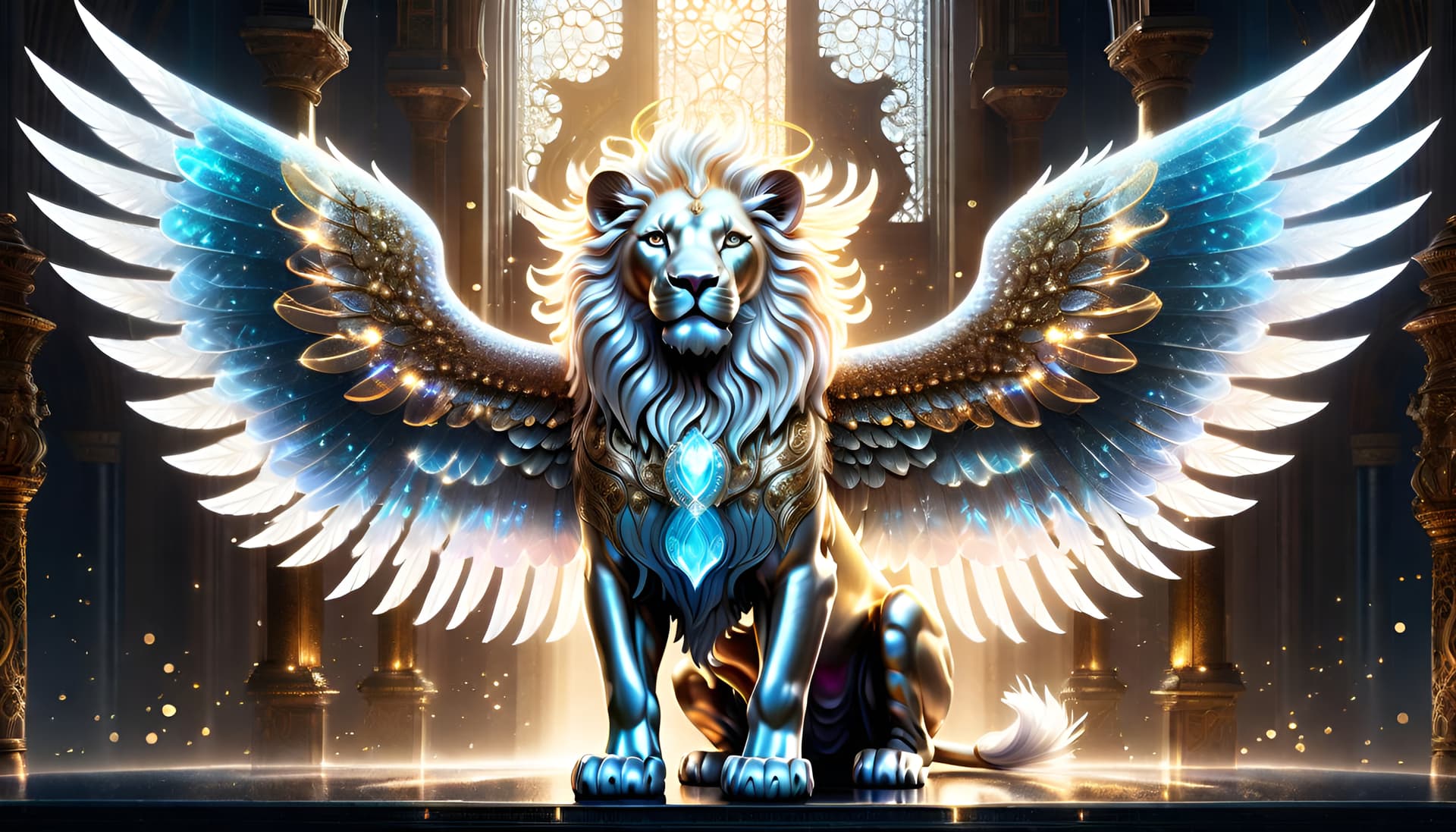 AI generated: A angelic mythical lion with spreading arms with glowing intricate transparent wings, symmetrical hy...