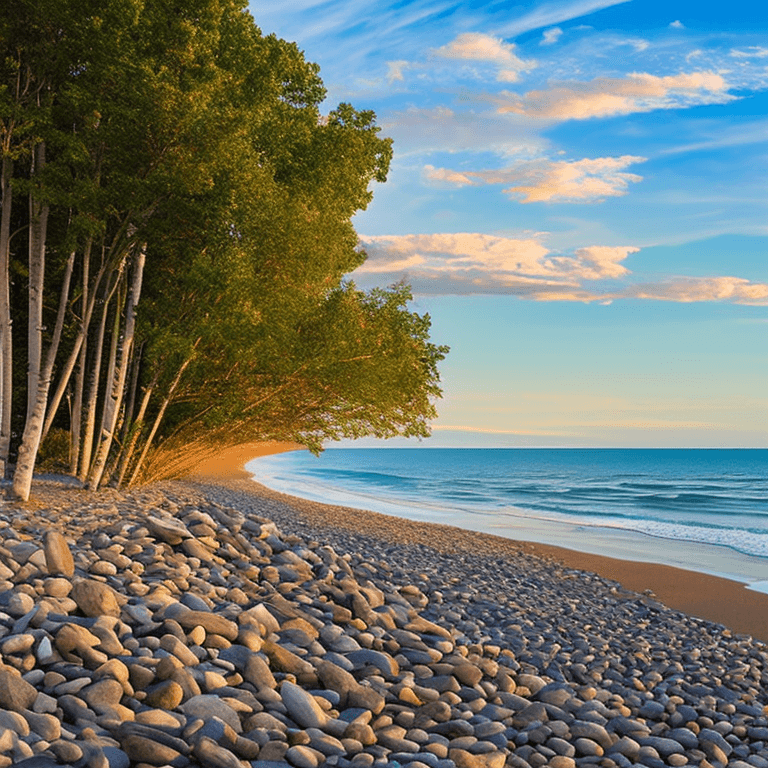 AI generated: oil on canvas,
small clouds, 
beach, birch, pebbles
beautiful setting, early evening, foreground,
oc...
