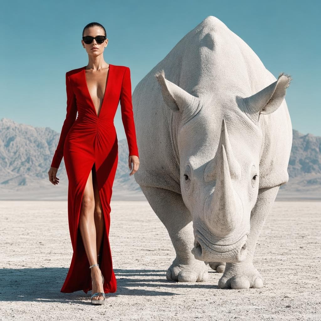 AI generated: {
  "scene": {
    "type": "editorial fashion surrealism",
    "location": "barren white desert w...