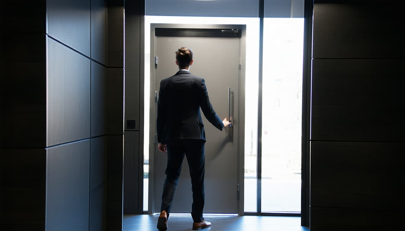 AI generated: A sleek, minimalist, expensive office door, the room is bathed in natural dusk light. Someone is ent...