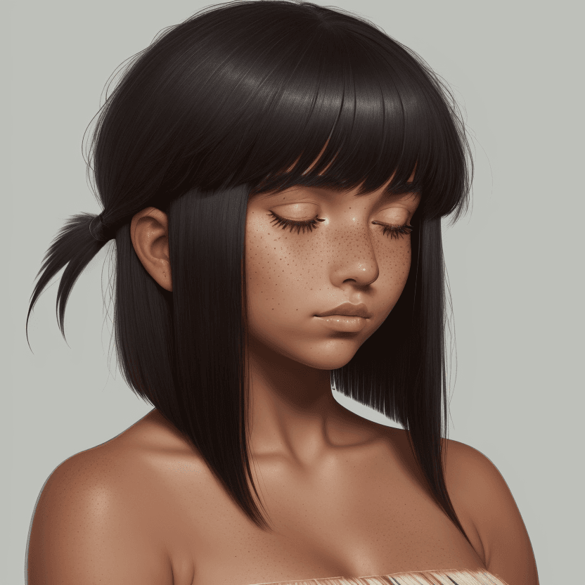 AI generated: 1969 Medium shot, side profile photo of a young tan woman, freckles, with her eyes completely hidden...
