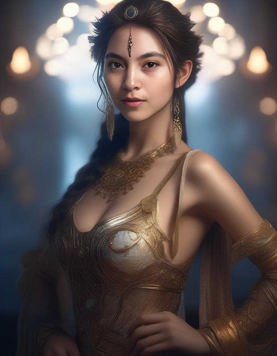 AI generated: Visually striking masterpiece depicting a young and gorgeous elf goddess of radiant nature and a sen...