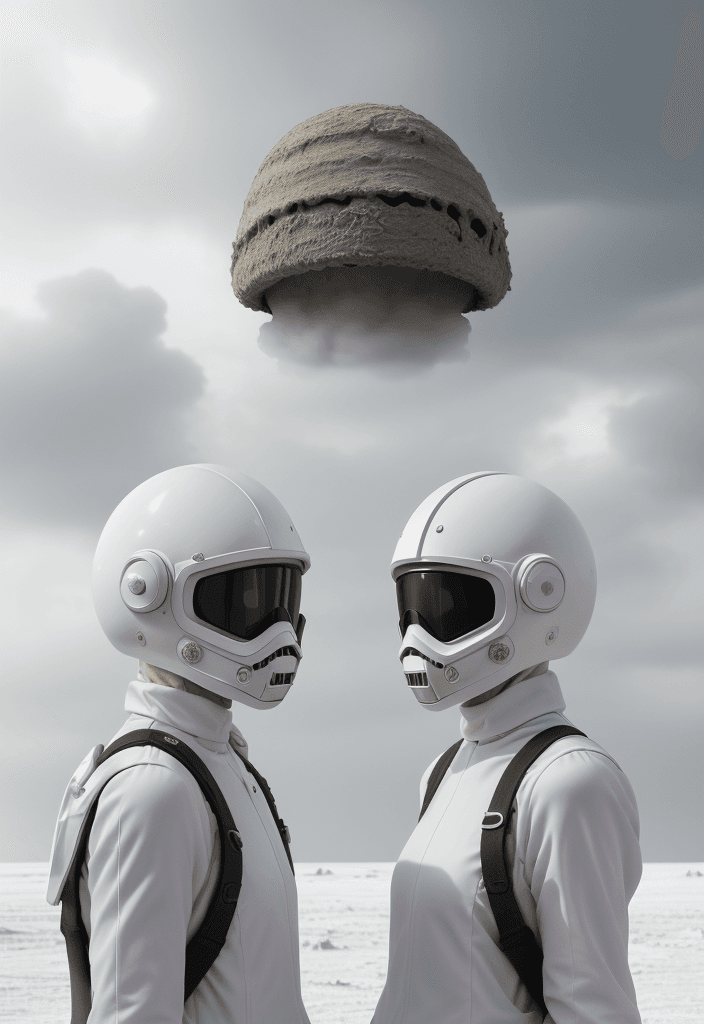 AI generated: two people with unusual white helmets that completely cover their heads, they are dressed in white c...