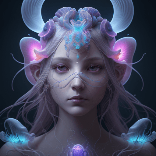 AI generated: Goddess close-up portrait ribcagel. jellyfish phoenix head, nautilus, orchid, skull, betta fish, bio...