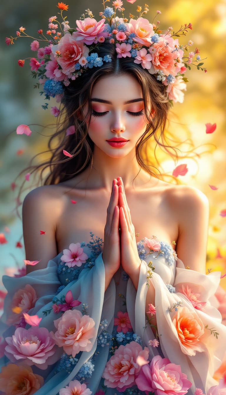 AI generated: A commercial illustration of a stunning woman with her hands gracefully folded in prayer. She is ado...