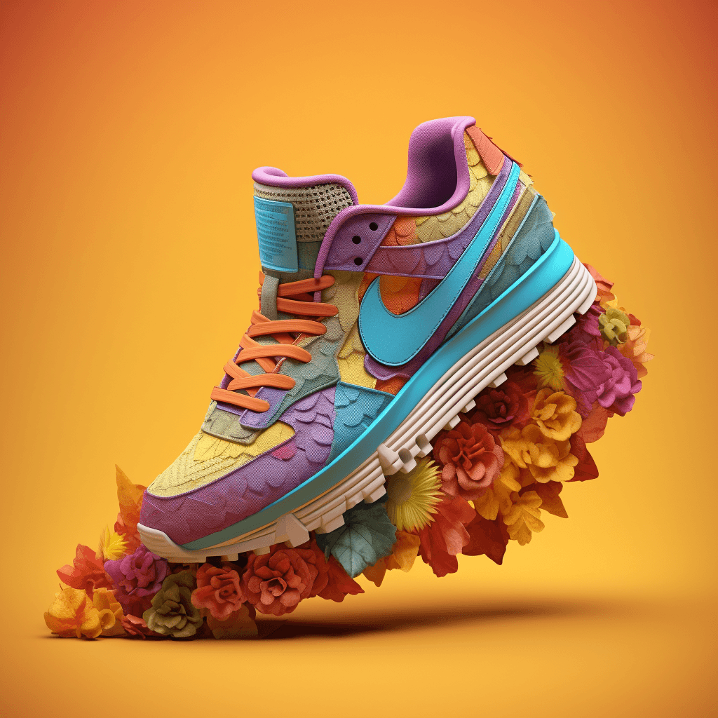 AI generated: sneakers in the style of Nike made of dried flowers, upside down logo, intricate detail, bright colo...