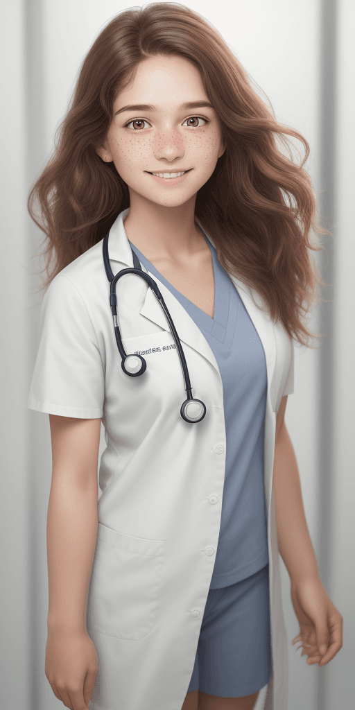 AI generated: [Three-quarter close-up: :12], [Smart face, plain brown wavy hair, (fair skin: 1.2), freckles on the...