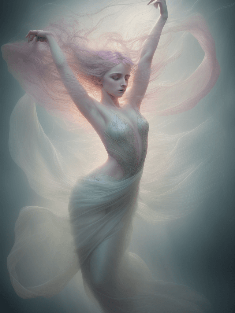 AI generated: Ethereal beauty, soft pastel tones, backlighting, long exposure, flowing fabric, portrait of a dance...