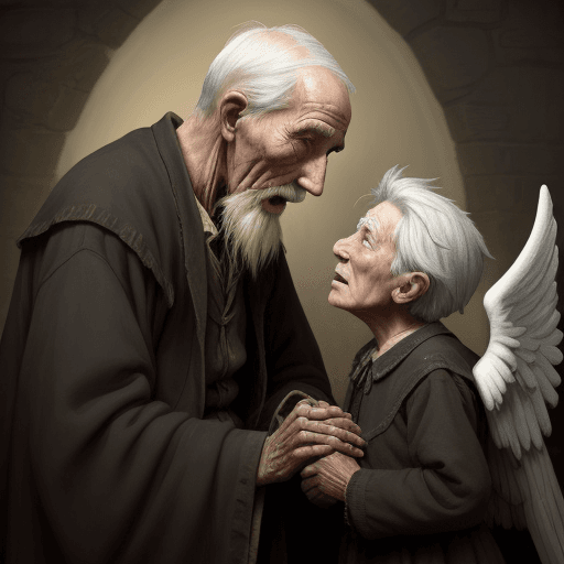AI generated: a very old village grandfather talks to the angel of death