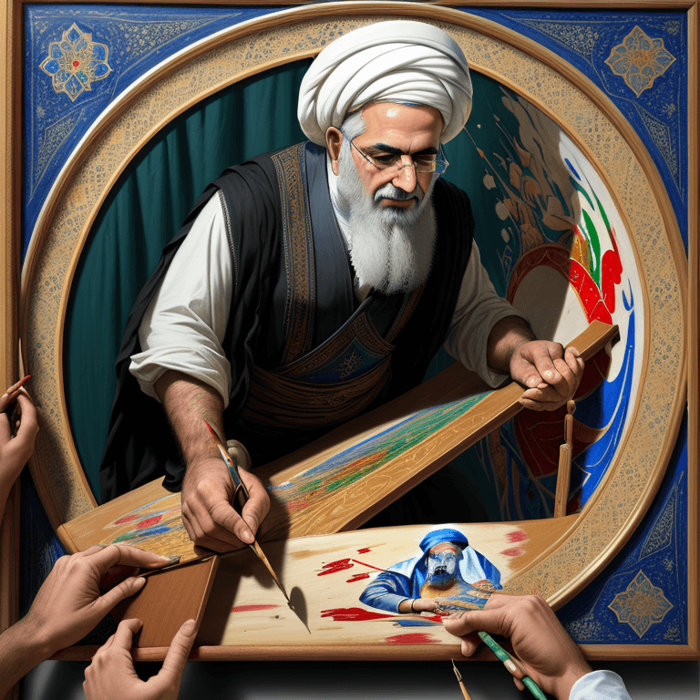 AI generated: Full view of a iranian painter man creating murals on a drawing board with the theme of unknown mart...