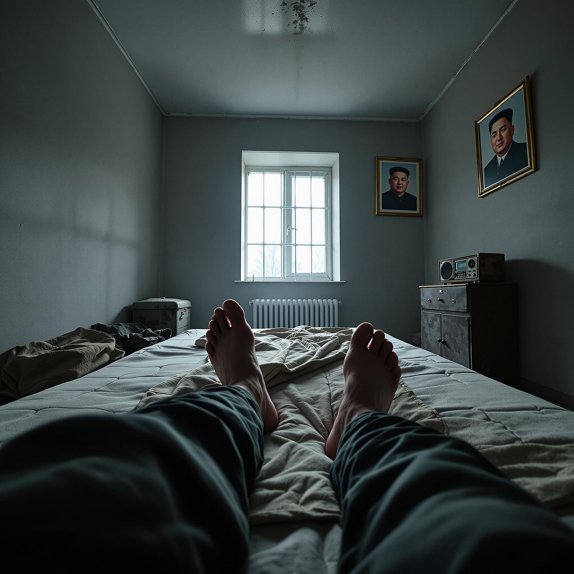 AI generated: First-person POV: you open your eyes while lying on a thin, hard mattress placed directly on the cra...