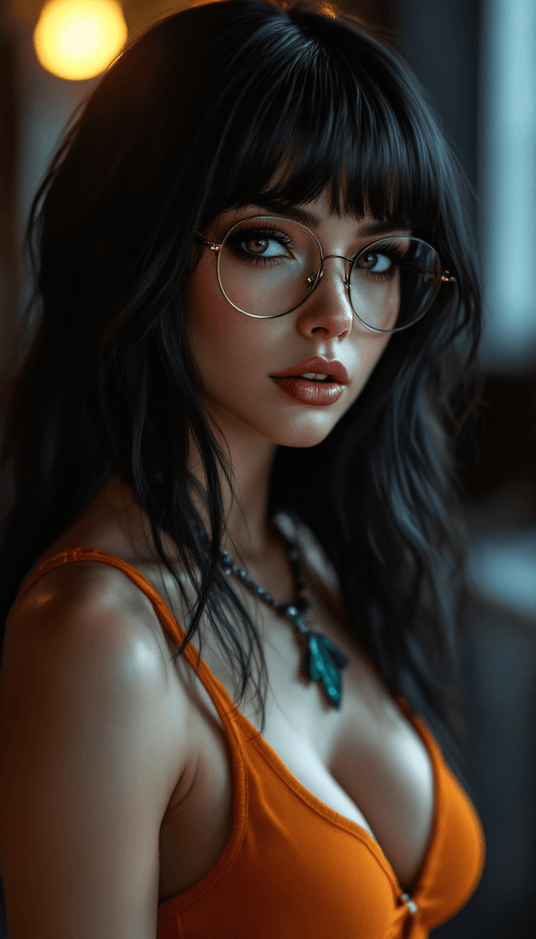 AI generated: Photo of a ultra realistic of velma from scooby-doo (20 years), very sultry look, so hot girl, beaut...