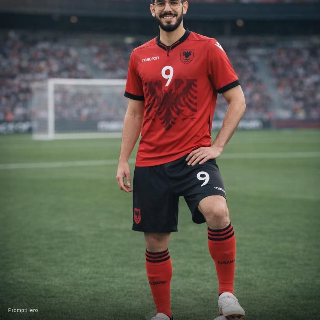 AI generated: Albanian soccer player, dressed in albania's team soccer uniform, soccer ball, smiling, football pit...
