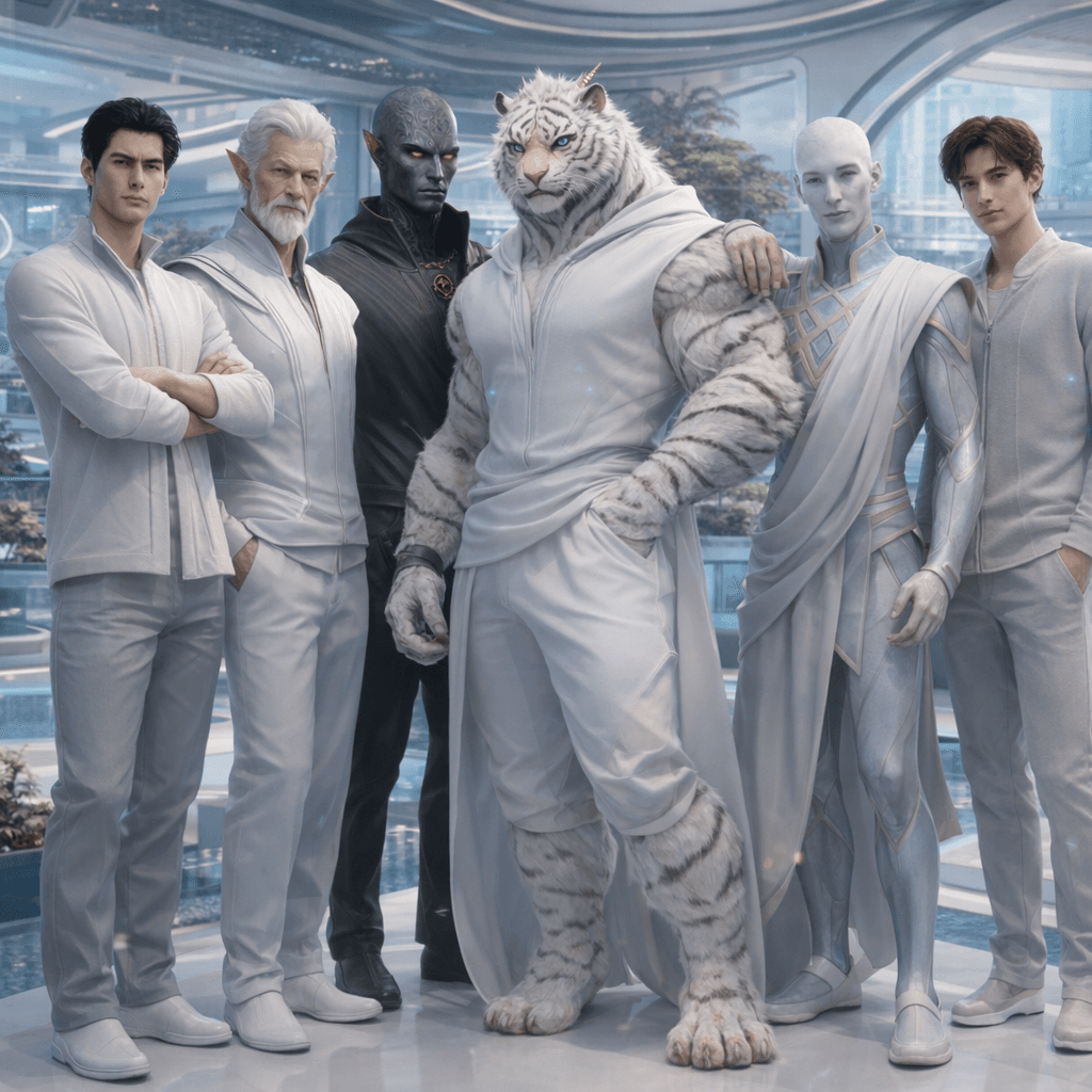 AI generated: Create an image showcasing all-male, all-separate images, posing together. Change background, clothi...