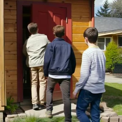 AI generated video: Un gruppo di 4 ragazzi apre la porta di una casa in legno, inquadratura da dietro.
