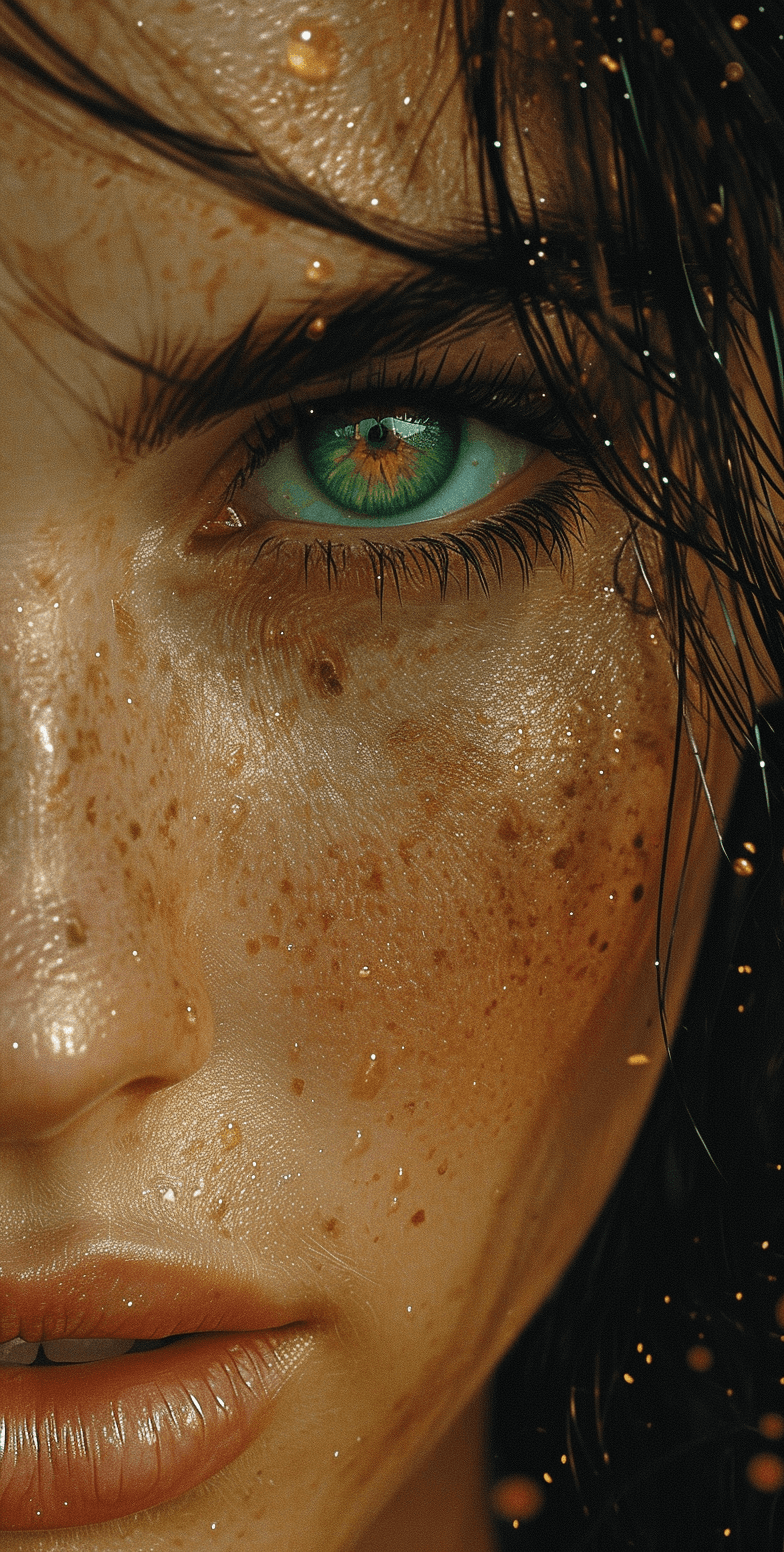 AI generated: picture of a woman with green eyes, in the style of detailed comic book art, dark amber and gold, cl...