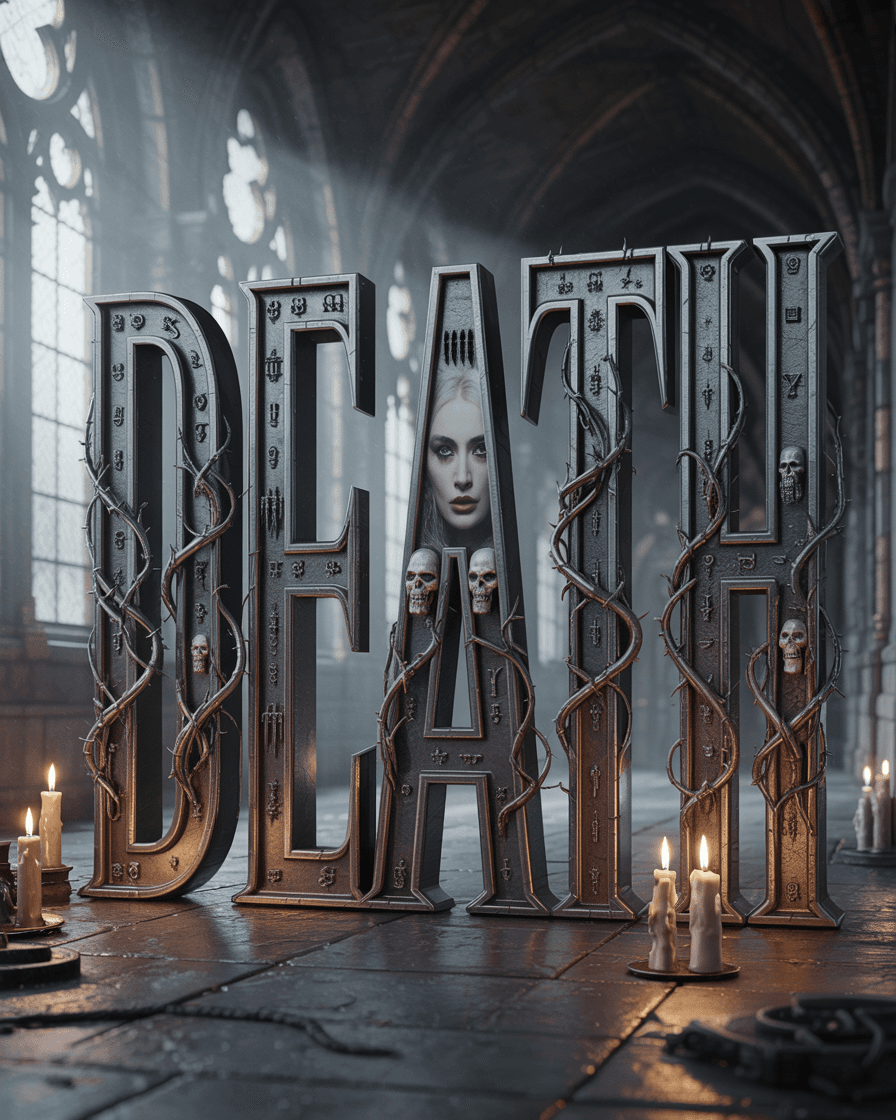 AI generated: 
Ultra-high resolution 16K render of the word "DEATH" in huge gothic typography, each letter forged ...
