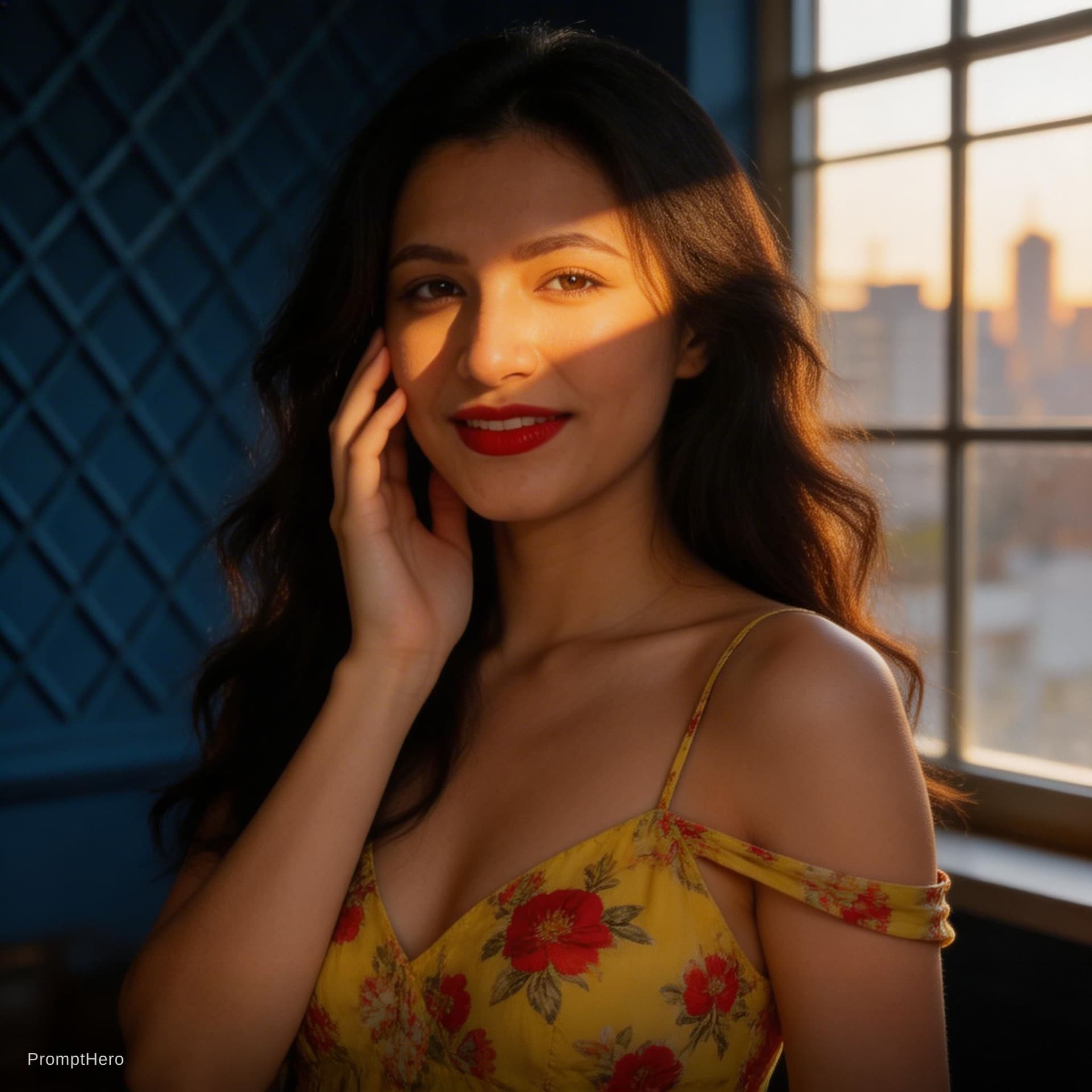AI generated:  A cinematic photorealistic boudoir portrait of a beautiful Asian woman kneeling on a bed. She is we...