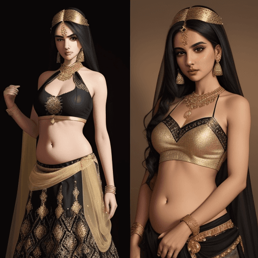 AI generated: A dress in lehenga style like Jasmine princess. The top is a black halter neck with golden designs, ...