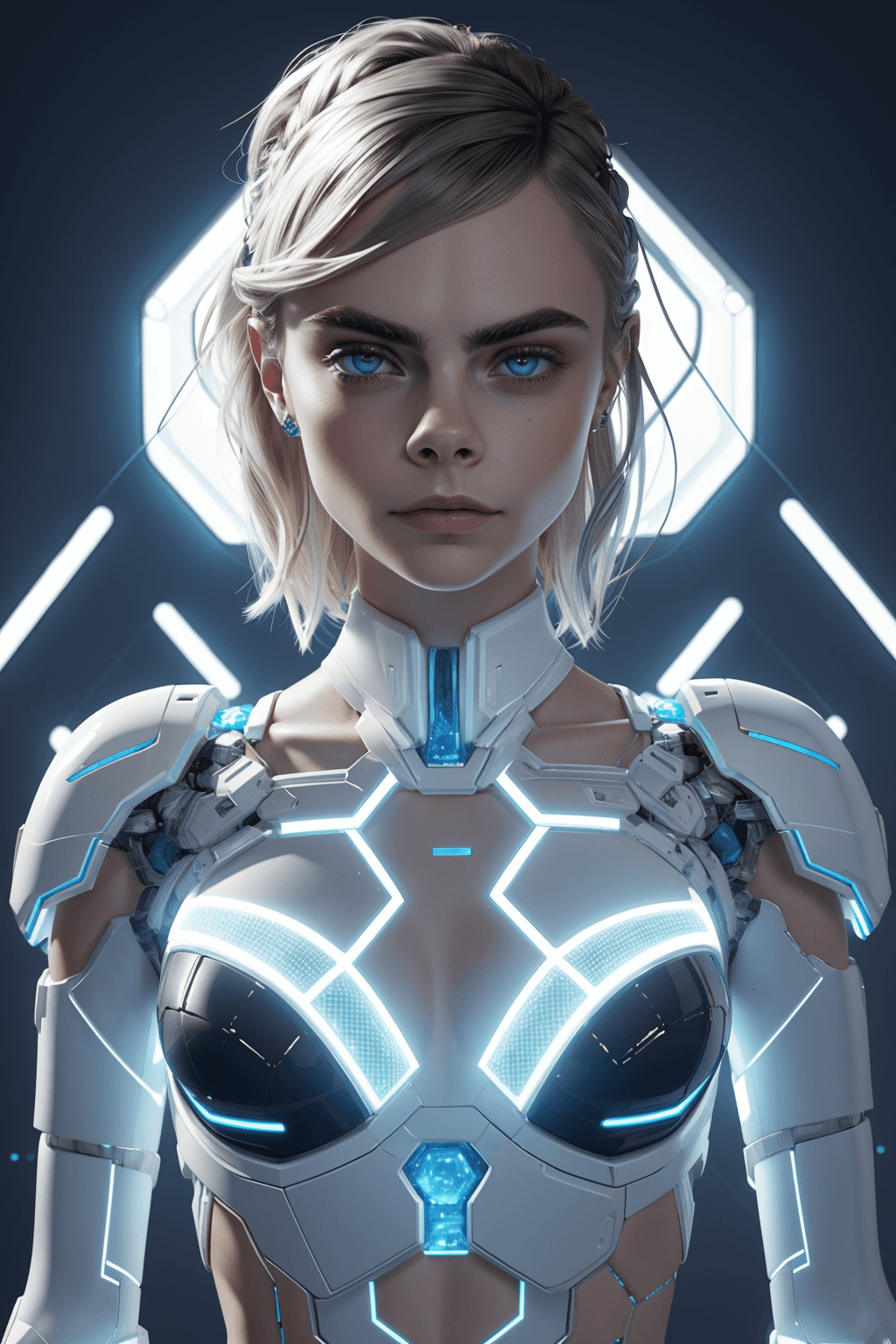 AI generated: Cara Delevingne, Artstation, body made of intricate realistic white glowing circuits and robotic par...