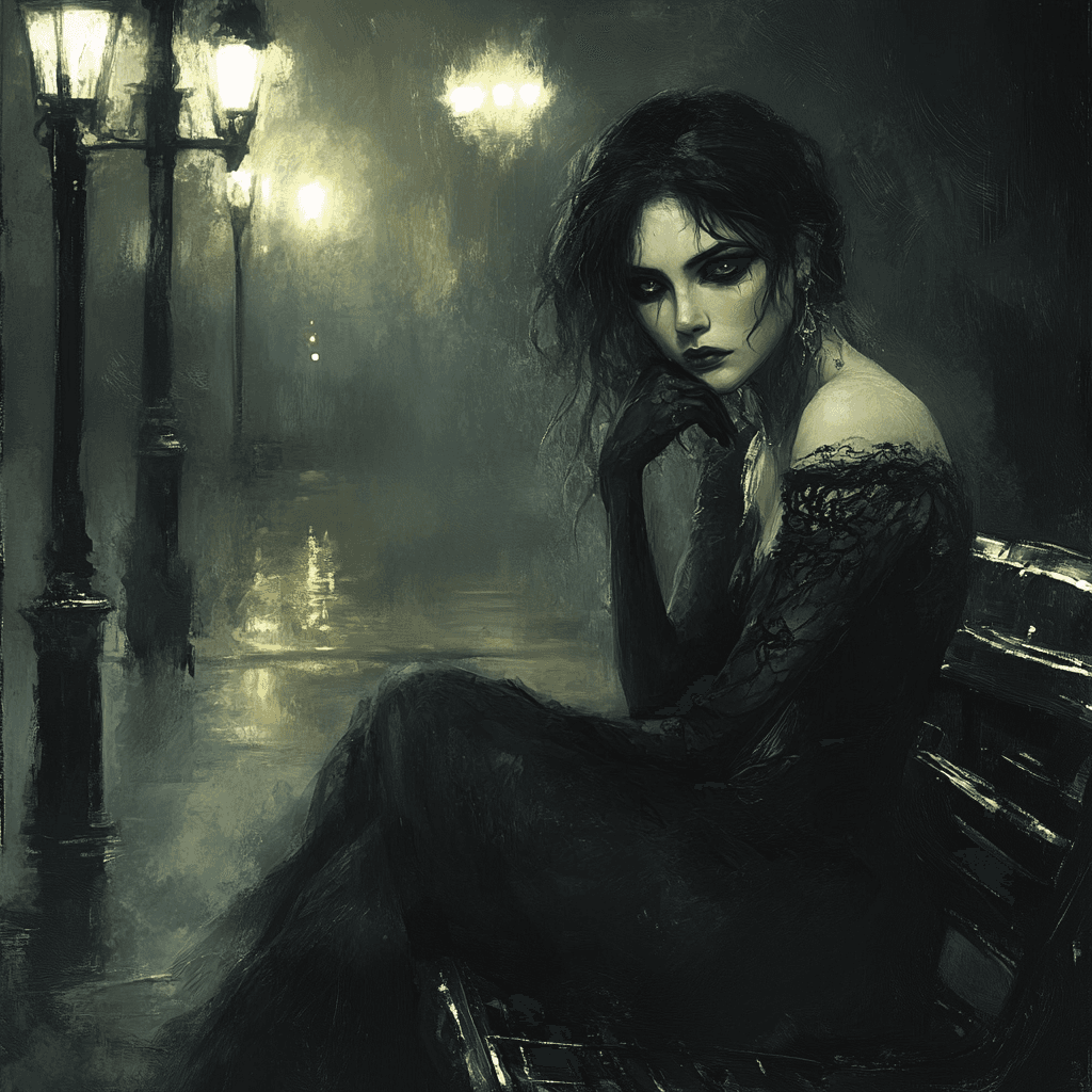 AI generated: A gothic romance style of art. A woman sitting alone on a bench. She is wearing a dark dress looking...