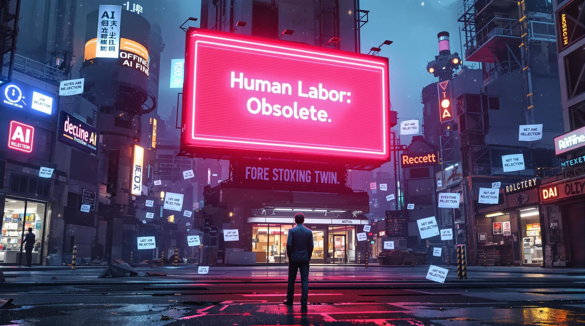 AI generated: A dystopian futuristic city where AI-powered robots and machines have taken over all jobs. Empty off...