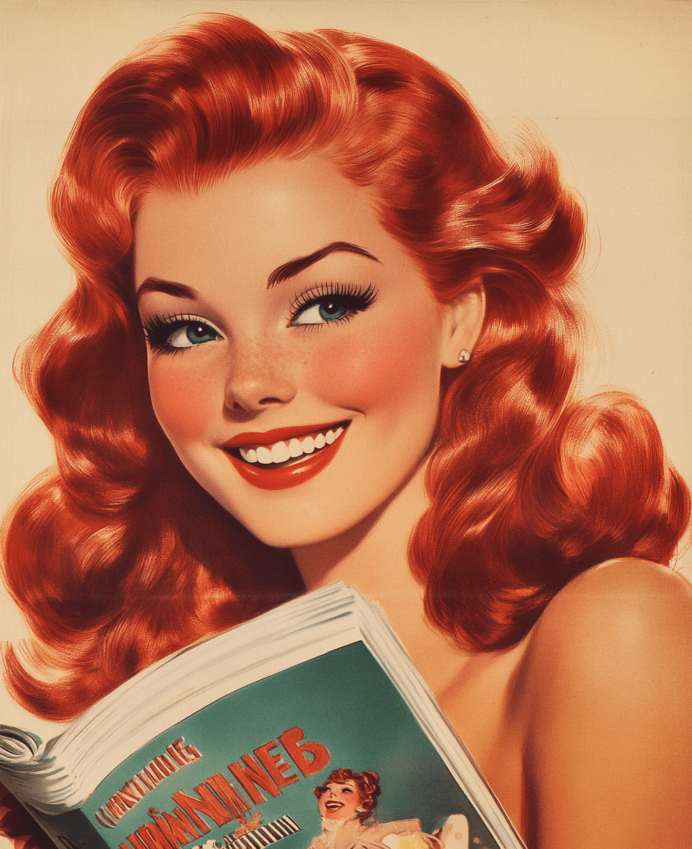 AI generated: A vintage illustration of a red-haired woman smiling and reading a funny magazine. The artwork featu...