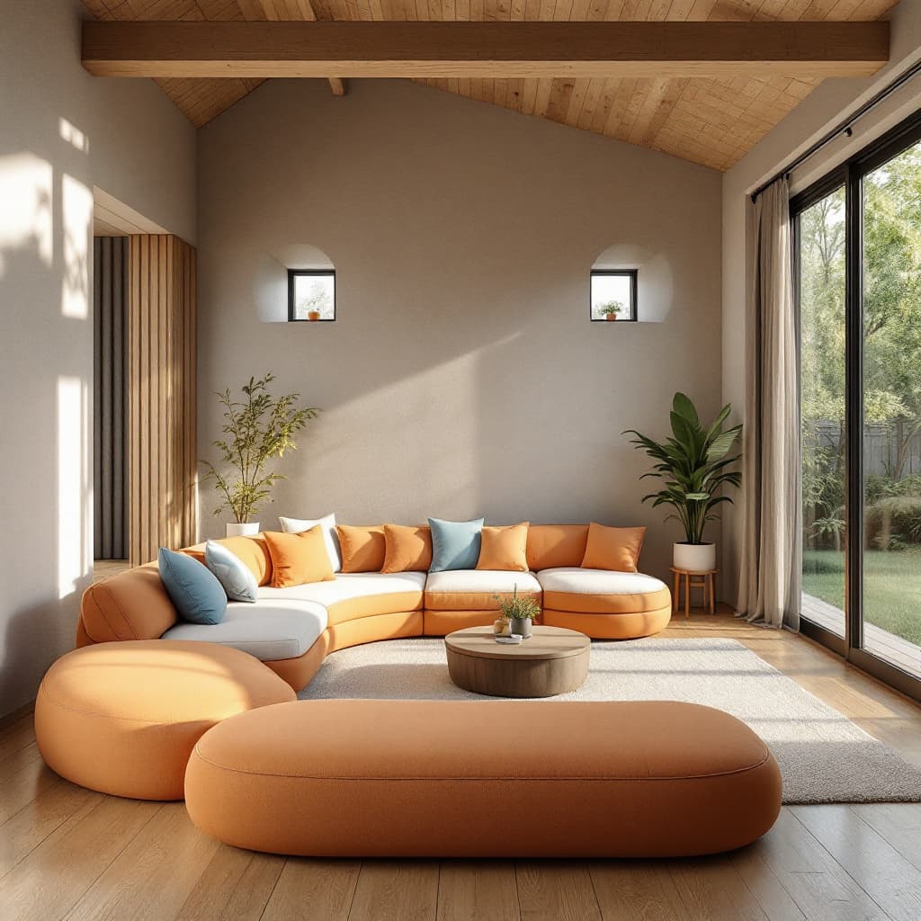 AI generated: High resolution photography interior design, dreamy sunken living room conversation pit, wooden floo...