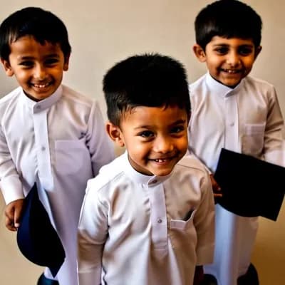 AI generated video: "A full-body image of three 12-year-old Saudi elementary school students standing in a single row. T...