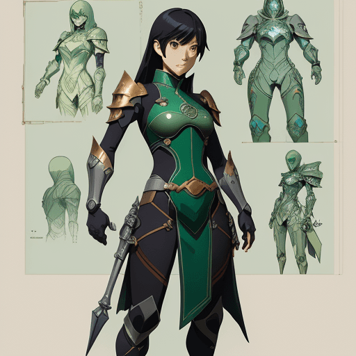 AI generated: sketches blueprint of green armor with islamic symbols formulas and annotations, schematic by parts,...