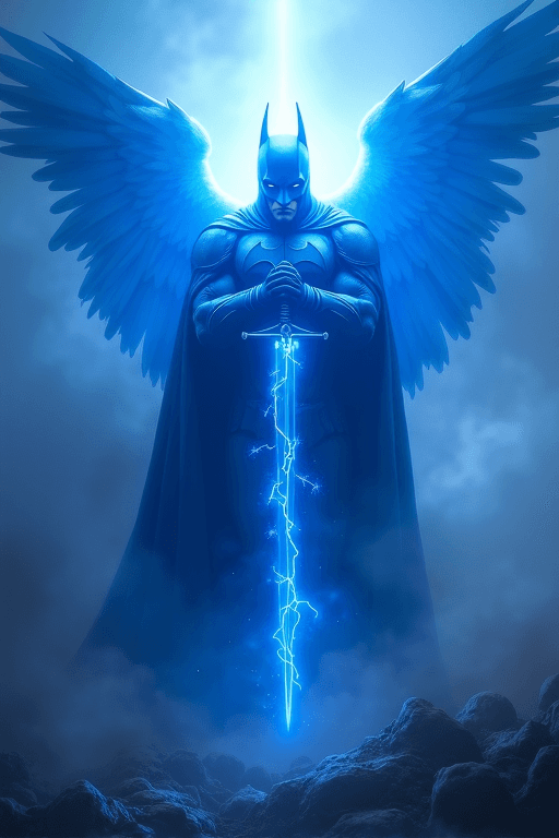 AI generated: batman as an angel he is radiating with holy might and blue electric energy,  His face hidden by a h...