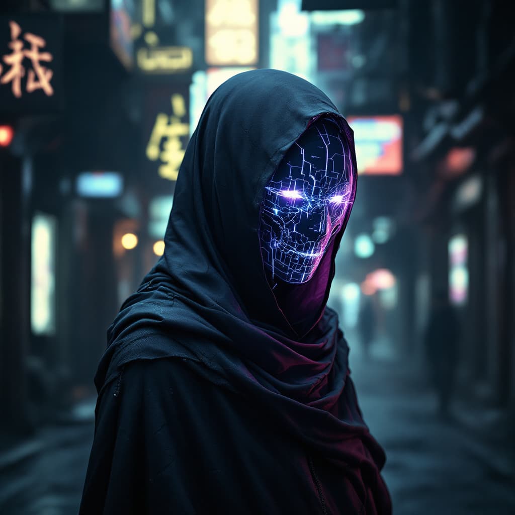 AI generated: A haunting humanoid cyborg with semi-transparent, gel-like synthetic skin revealing intricate mechan...