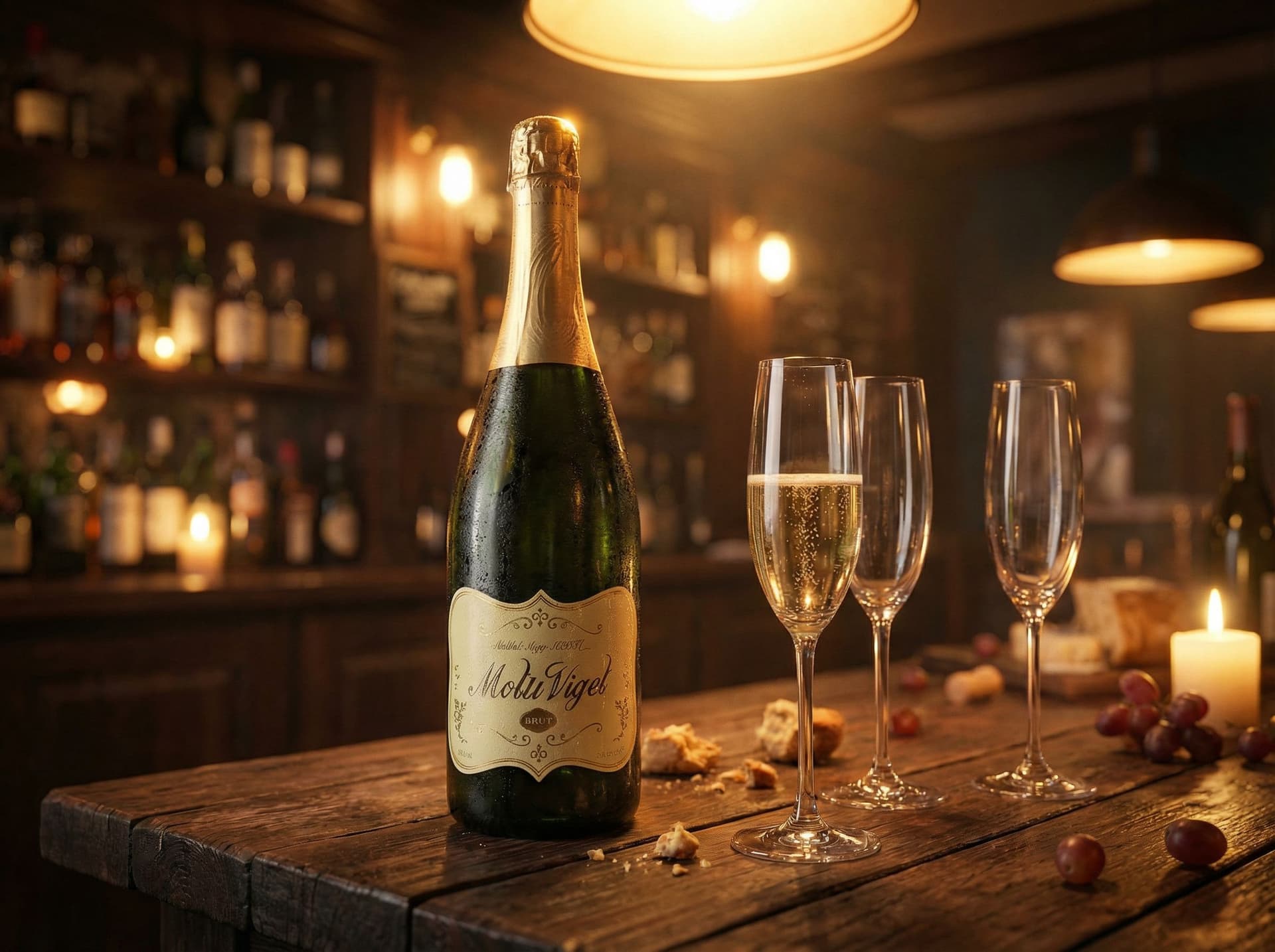AI generated: wine. in a bar mood, on a wooden table, delicious, cinematic, hyper realism, high detail, octane ren...