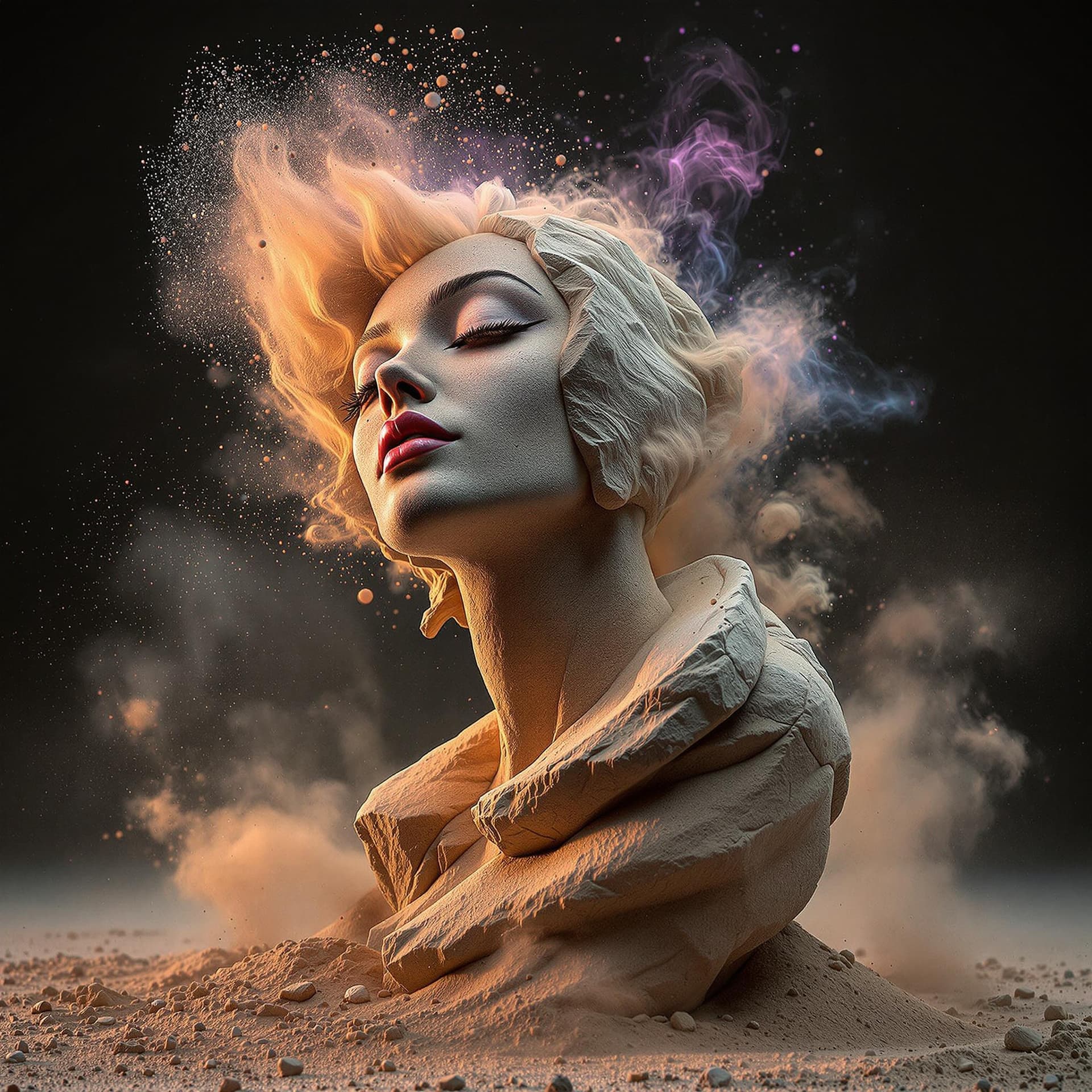 AI generated: ultra detailed shot of a sculpture made of stone and sand in a female shape, dust explosion, motion ...