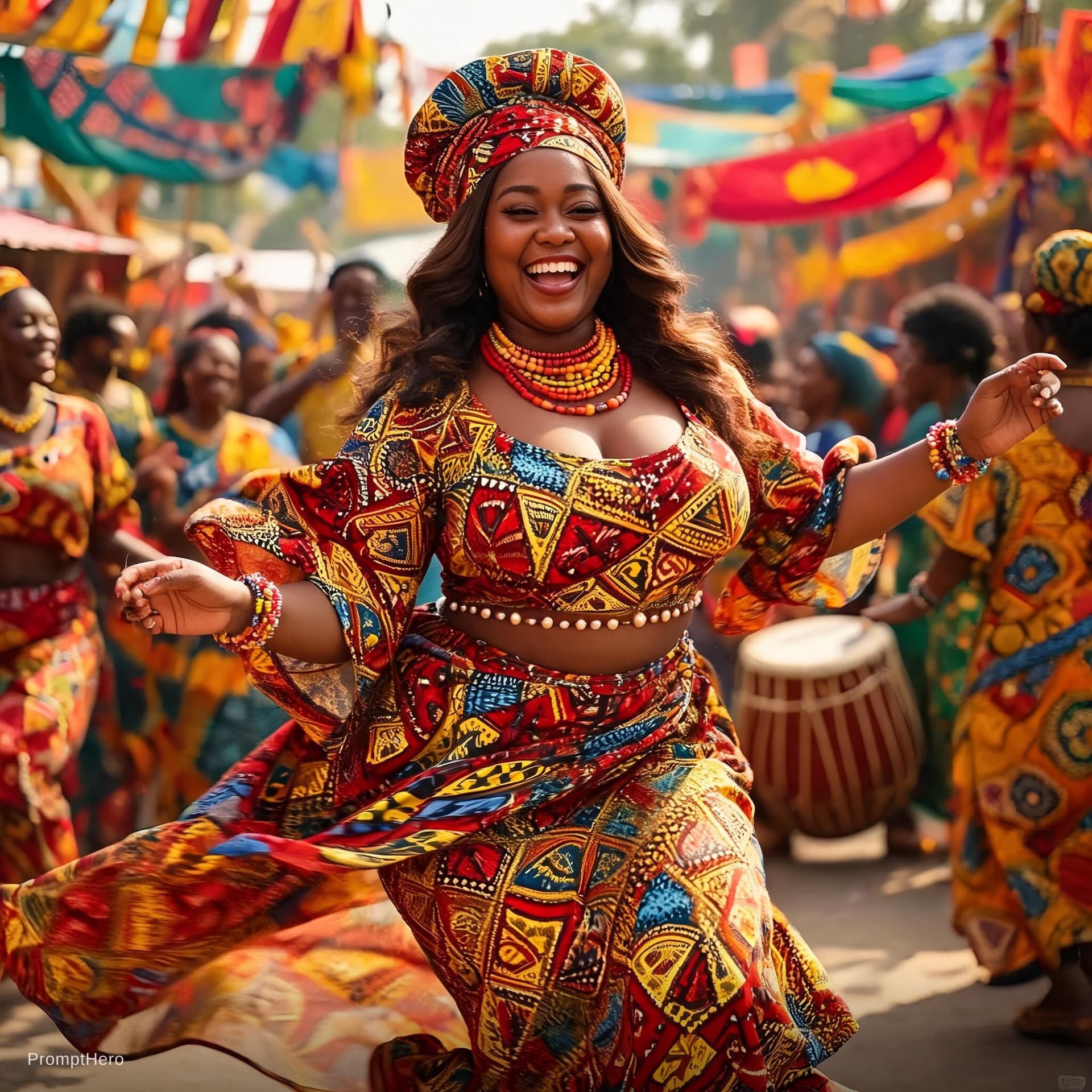 AI generated: “Beautiful curvy Nigerian woman dancing joyfully in colorful traditional attire during a Nigerian cu...