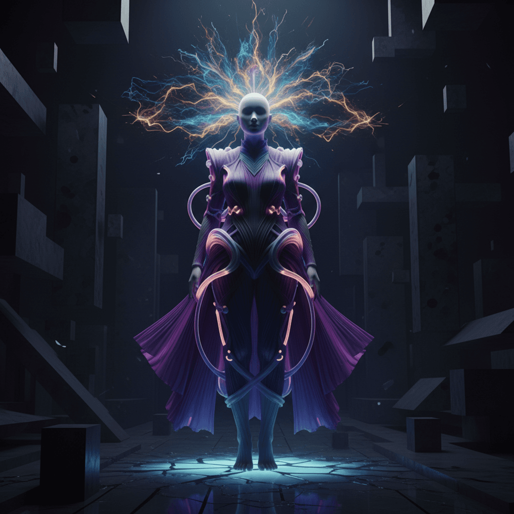 AI generated: surrealistic, high resolution shooting, front view, unknown gender figure with electromagnetic react...