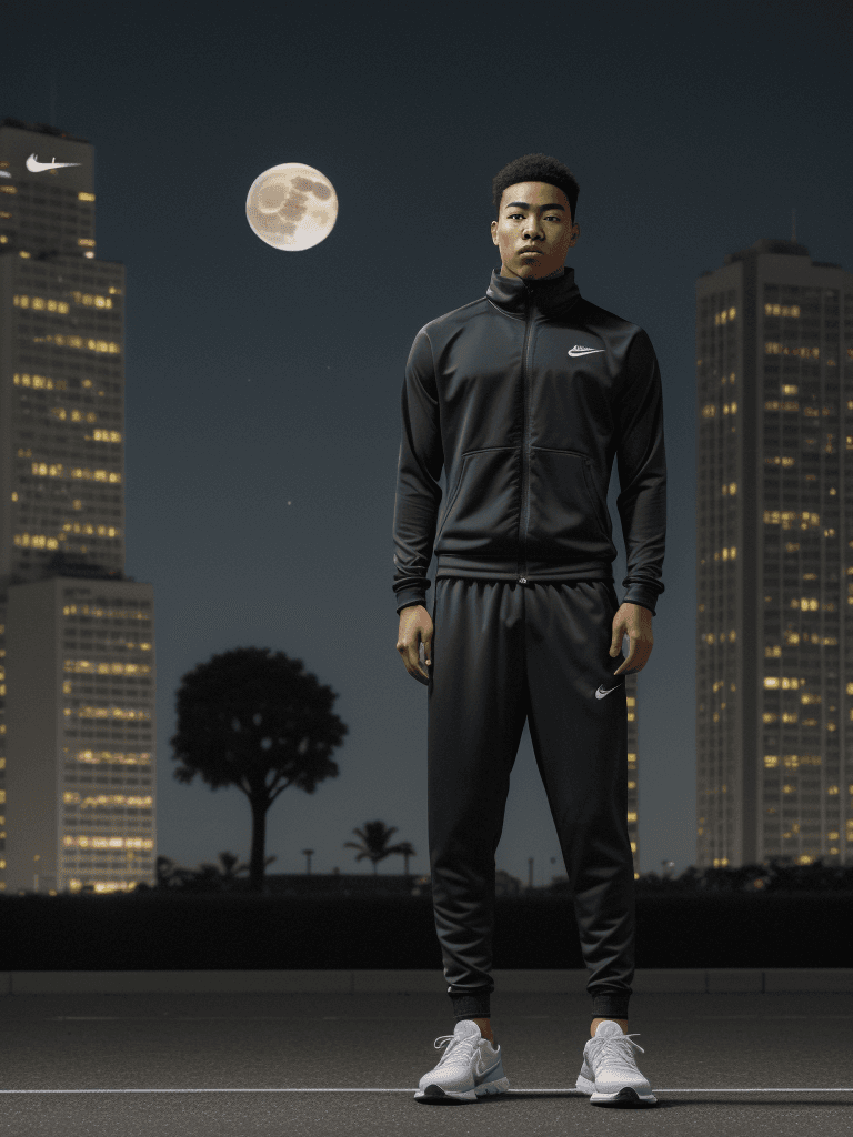 AI generated: young man moai head using nike tracksuit, night time, big full moon in the background above the buil...