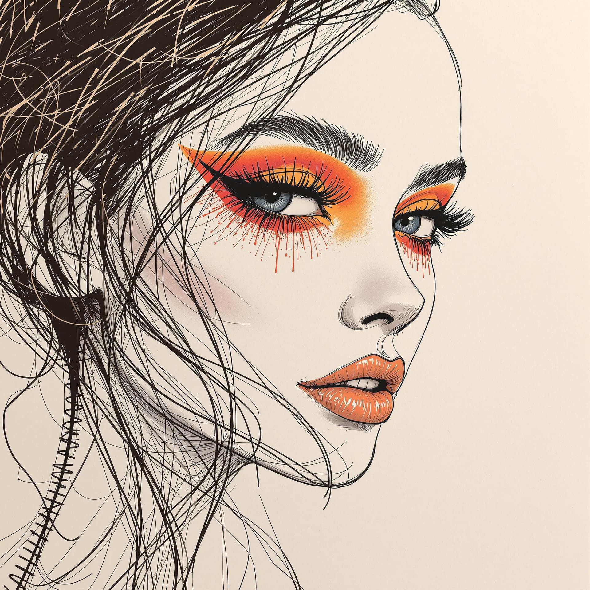 AI generated: a drawing of a woman's face with a red eyeshadow, in the style of bold colorful lines, dark beige an...