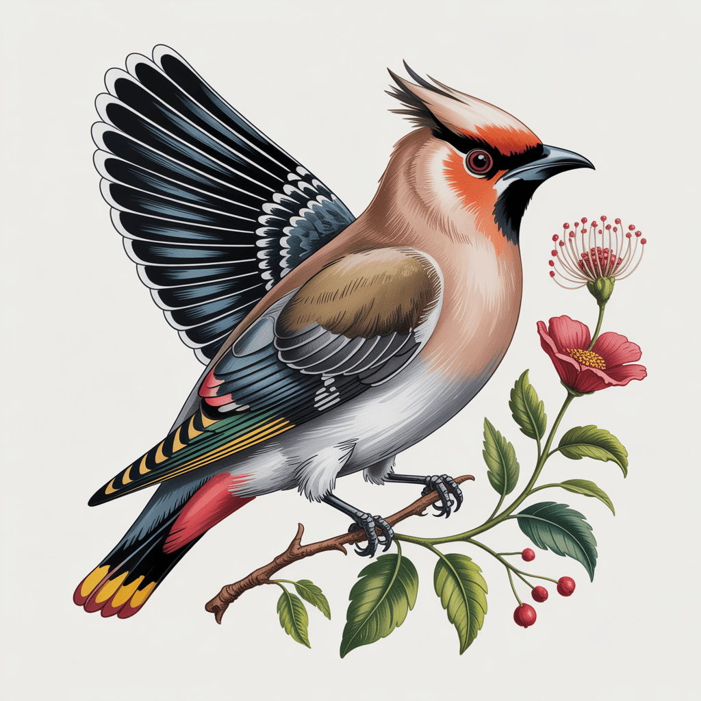 AI generated: ethereal Bohemian Waxwing bird, Bombycilla garrulus :: intricate details, ornate, detailed illustrat...