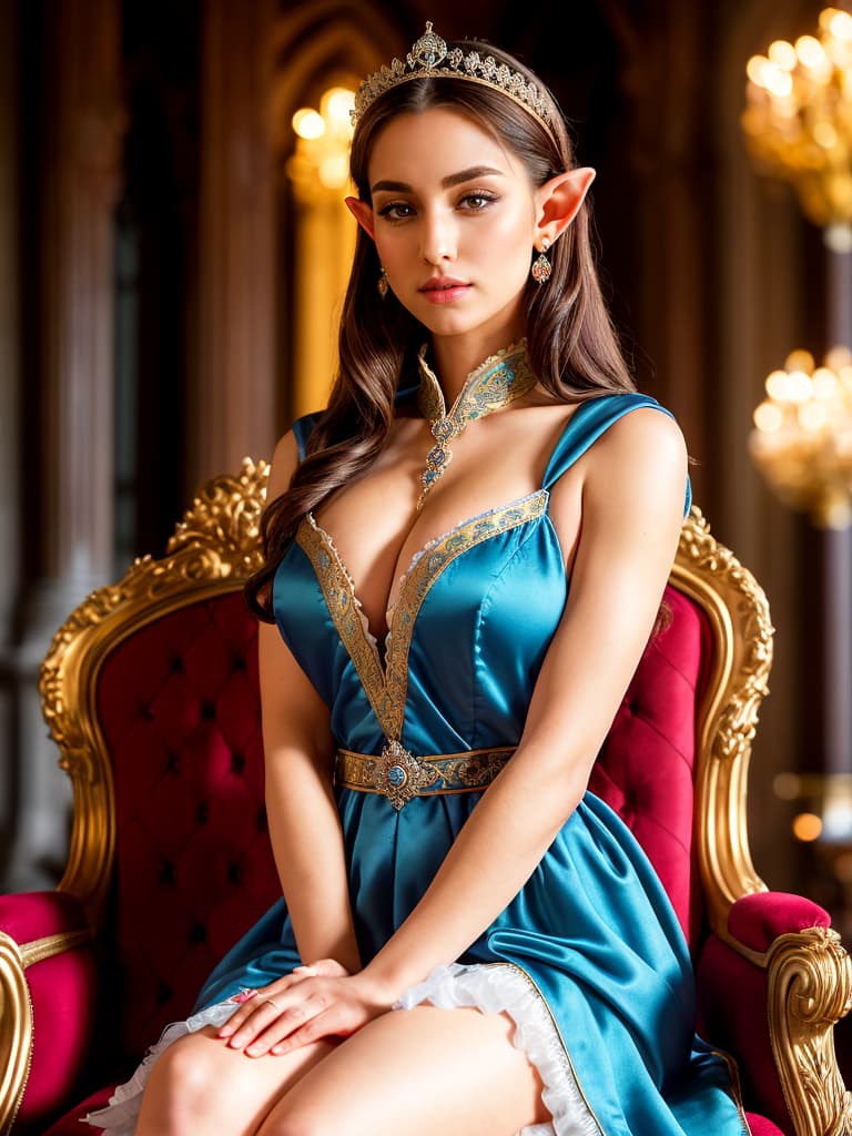 AI generated: Ultra-detailed upper body photo of seductive royal elf female, pretty face, majestic dress, sitting ...