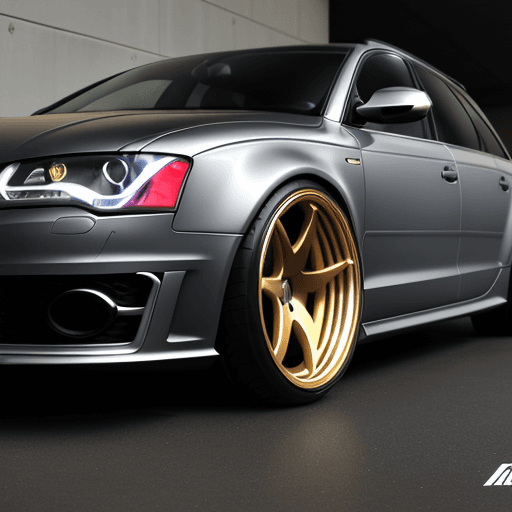 AI generated: extremely low dark grey 2008 Audi RS6, golden wheels