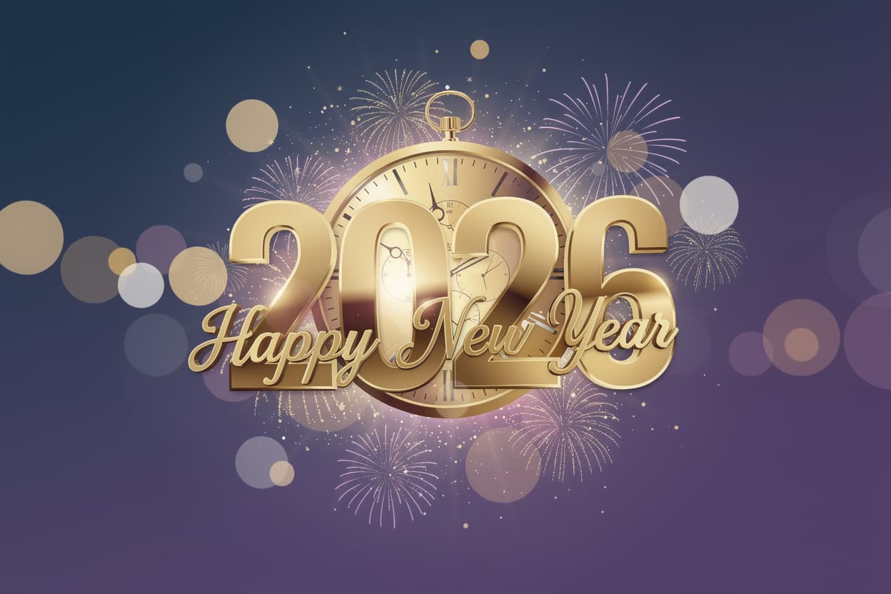 AI generated: Eye-catching Happy New Year 2026 promotional artwork with bold golden numbers, glossy metallic finis...