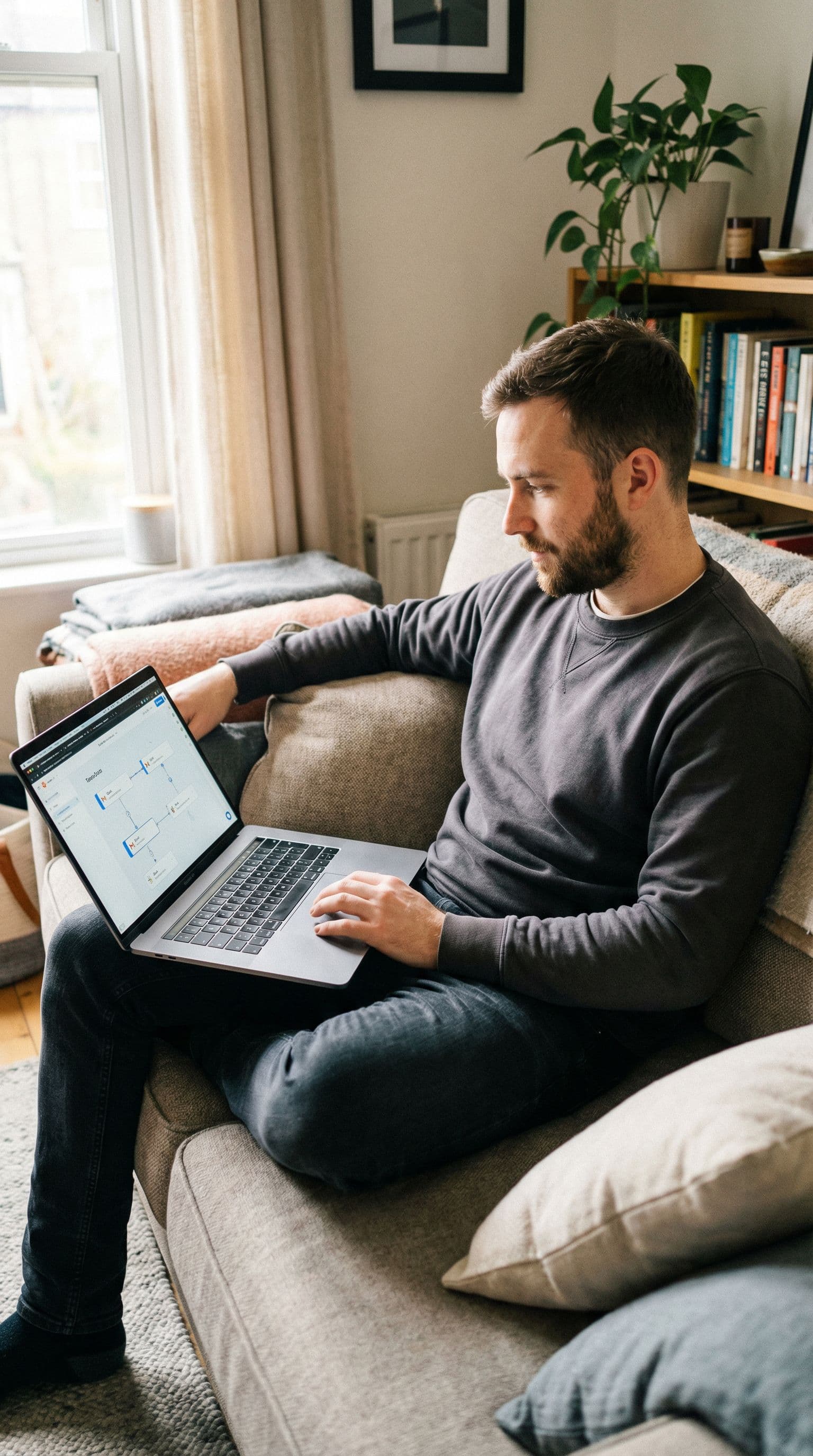 AI generated: Realistic iPhone-style photo of a North American man in his early 30s sitting casually on a sofa in ...