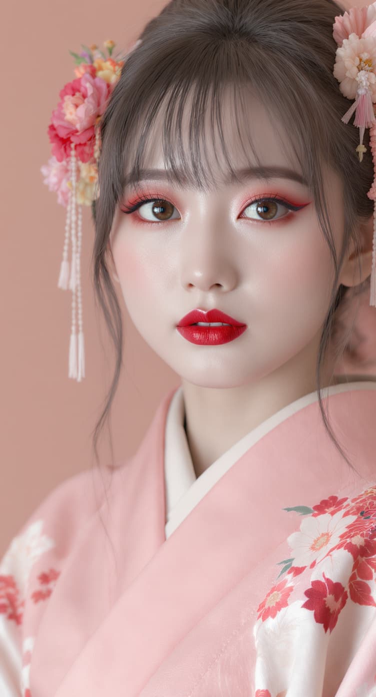 AI generated: A close-up of a 25-year-old Japanese girl singer idol makeup. Photography: "Captured with a 50mm len...