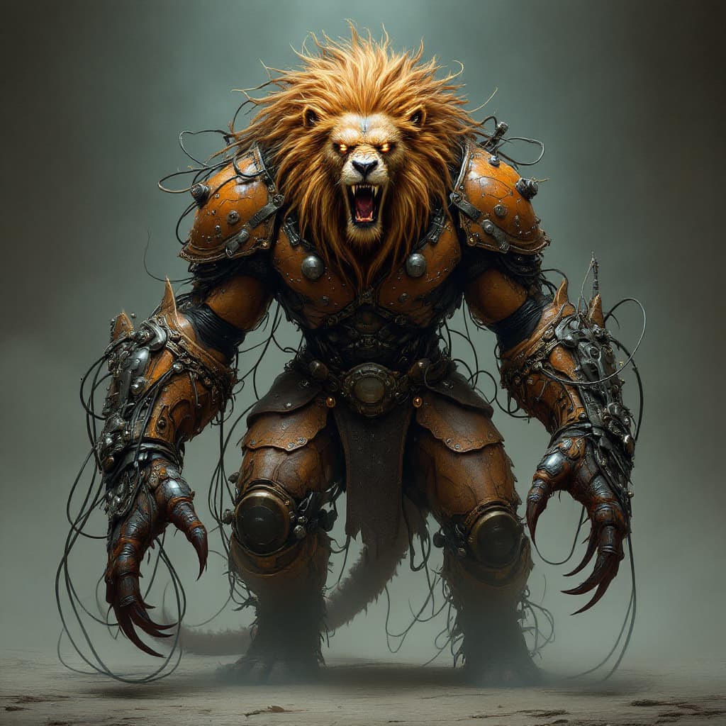 AI generated: A terrifying and intelligent humanoid African chimera, a combination of multiple powerful animals. I...